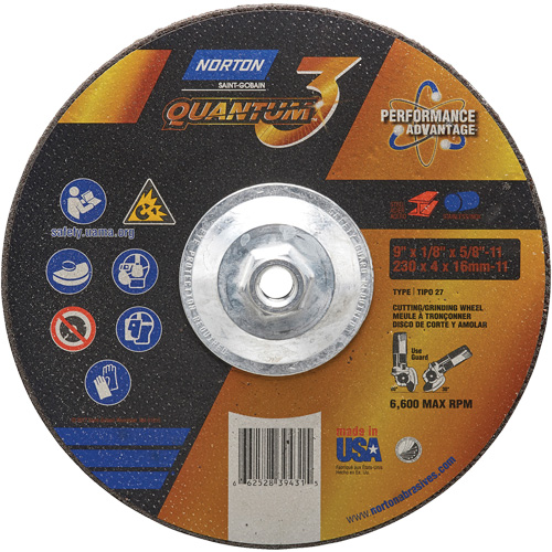 Quantum3 Grinding & Cutting Wheel, 9" x 1/8", 5/8"-11 Arbor, Type 27, 24 Grit, Ceramic Alumina Moffatt Supply & Specialties