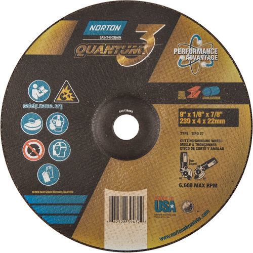 Quantum3 Grinding & Cutting Wheel, 9" x 1/8", 7/8" Arbor, Type 27, 24 Grit, Ceramic Alumina Moffatt Supply & Specialties