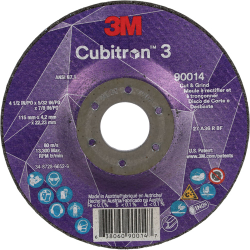 Cubitron 3 Cut & Grind Wheel, 4-1/2" x 5/32", 7/8" Arbor, Type T27, 36+ Grit, Ceramic Moffatt Supply & Specialties