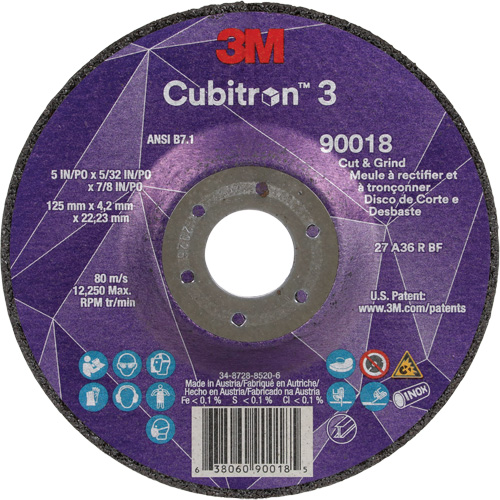 Meule &agrave; couper & tronçonner Cubitron 3, 5" x 5/32", Arbre de 7/8", Type T27, Grain de 36+, C&eacute;ramique Moffatt Supply & Specialties
