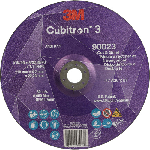 Meule &agrave; couper & tronçonner Cubitron 3, 9" x 5/32", Arbre de 7/8", Type T27, Grain de 36+, C&eacute;ramique Moffatt Supply & Specialties