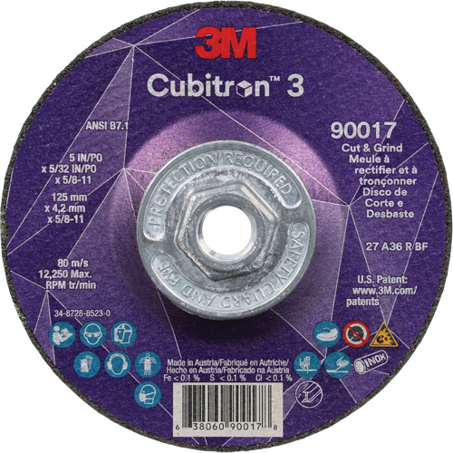 Cubitron 3 Cut & Grind Wheel, 5" x 5/32", 5/8"-11 Arbor, Type T27, 36+ Grit, Ceramic Moffatt Supply & Specialties