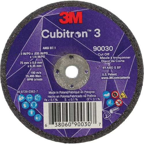 Cubitron 3 Cut-Off Wheel, 3" x 0.035", 1/4" Arbor, Type T1, Ceramic, 21000 RPM Moffatt Supply & Specialties
