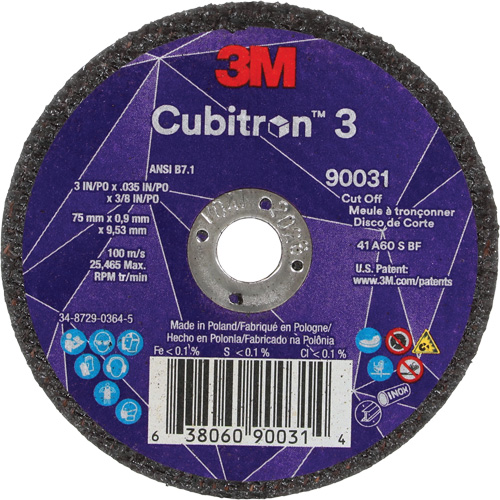 Cubitron 3 Cut-Off Wheel, 3" x 0.035", 3/8" Arbor, Type T1, Ceramic, 21000 RPM Moffatt Supply & Specialties