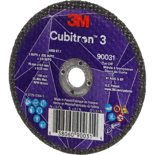 Cubitron 3 Cut-Off Wheel, 3" x 0.035", 3/8" Arbor, Type T1, Ceramic, 21000 RPM Moffatt Supply & Specialties