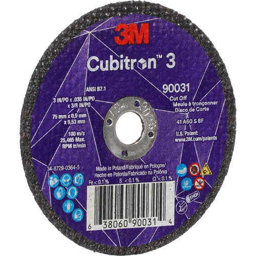 Cubitron 3 Cut-Off Wheel, 3" x 0.035", 3/8" Arbor, Type T1, Ceramic, 21000 RPM Moffatt Supply & Specialties