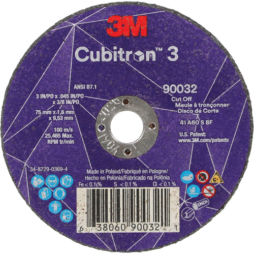 Cubitron 3 Cut-Off Wheel, 3" x 0.045", 3/8" Arbor, Type T1, Ceramic, 21000 RPM Moffatt Supply & Specialties