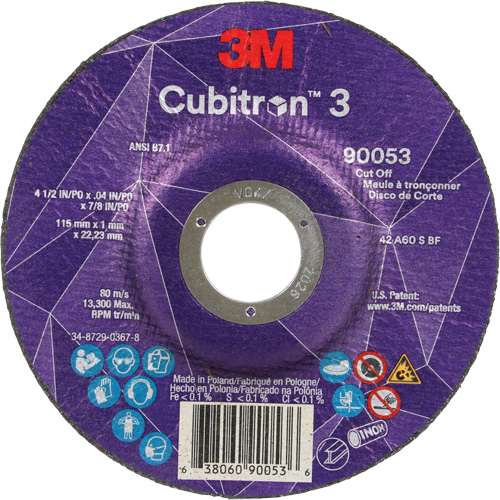 Cubitron 3 Cut-Off Wheel, 4-1/2" x 0.04", 7/8" Arbor, Type T27, Ceramic, 13300 RPM Moffatt Supply & Specialties