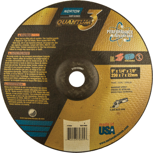 Quantum 3 SG Depressed Center Grinding Wheel, 9" x 1/4", 7/8" Arbor, Type 28, Ceramic, 6600 RPM Moffatt Supply & Specialties