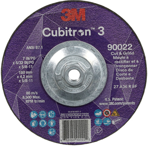 Meule &agrave; rectifier et &agrave; tronçonner Cubitron 3, 7" x 5/32", Arbre de 5/8"-11, Type 27, Grain de 36, C&eacute;ramique Moffatt Supply & Specialties
