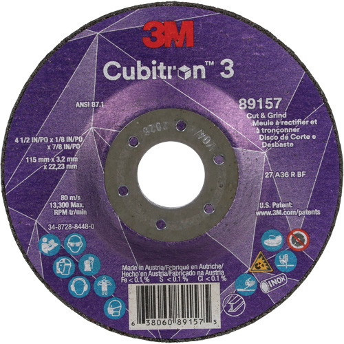 Meule &agrave; rectifier et &agrave; tronçonner Cubitron 3, 4-1/2" x 1/8", Arbre de 7/8", Type 27, Grain de 36, C&eacute;ramique Moffatt Supply & Specialties