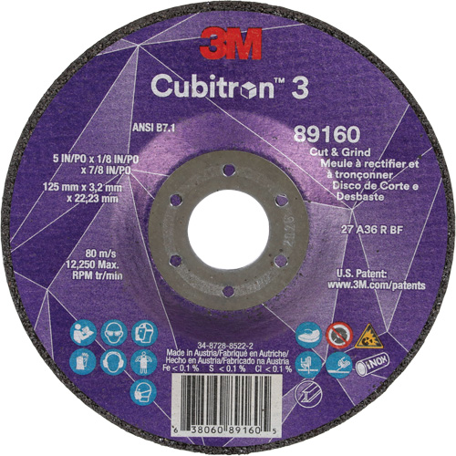 Meule &agrave; rectifier et &agrave; tronçonner Cubitron 3, 5" x 1/8", Arbre de 7/8", Type 27, Grain de 36, C&eacute;ramique Moffatt Supply & Specialties