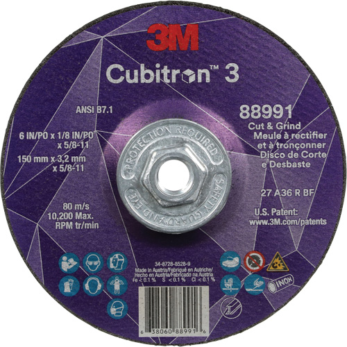 Cubitron 3 Cut and Grind Wheel, 6" x 1/8", 5/8"-11 Arbor, Type 27, 36 Grit, Ceramic Moffatt Supply & Specialties