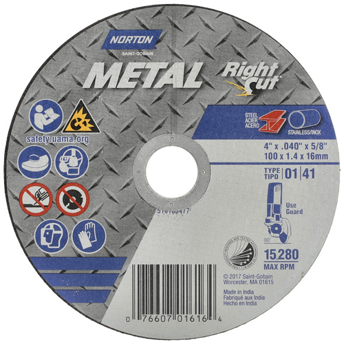 Metal RightCut Right Angle Cut-Off Wheel, 4-1/2" x 0.04", 7/8" Arbor, Type 01/41, Aluminum Oxide, 13580 RPM Moffatt Supply & Specialties