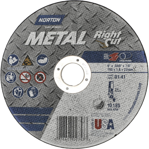 Metal RightCut Right Angle Cut-Off Wheel, 6" x 0.04", 7/8" Arbor, Type 01/41, Aluminum Oxide, 10185 RPM Moffatt Supply & Specialties