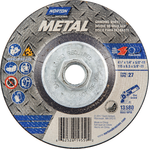 Meule pour le m&eacute;tal, 4-1/2" x 1/4", Arbre 5/8"-11, Oxyde d'aluminium, Type 27 Moffatt Supply & Specialties