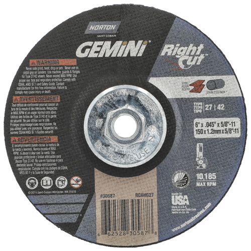 Meule &agrave; tronçonner pour coupe &agrave; angle droit RightCut Gemini, 6" x 0,045", Arbre de 5/8"-11, Type 27/42, Oxyde d'aluminium, 10185 Tr/min Moffatt Supply & Specialties