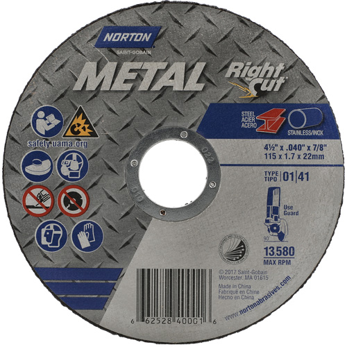 Metal RightCut Right Angle Cut-Off Wheel, 4-1/2" x 0.045", 7/8" Arbor, Type 01/41, Aluminum Oxide, 13580 RPM Moffatt Supply & Specialties