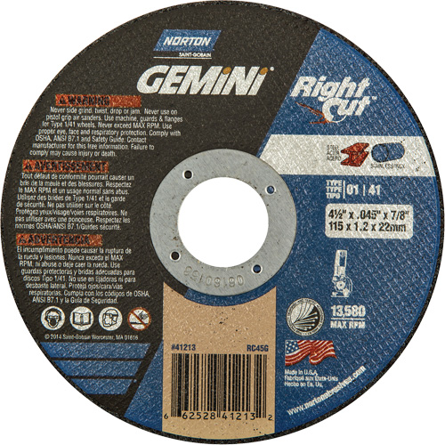 Gemini RightCut Right Angle Cut-Off Wheel, 4-1/2" x 0.045", 7/8" Arbor, Type 01/41, Aluminum Oxide, 13580 RPM Moffatt Supply & Specialties
