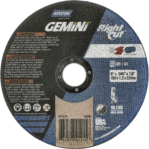 Meule &agrave; tronçonner pour coupe &agrave; angle droit RightCut Gemini, 6" x 0,045", Arbre de 7/8", Type 01/41, Oxyde d'aluminium, 10185 Tr/min Moffatt Supply & Specialties