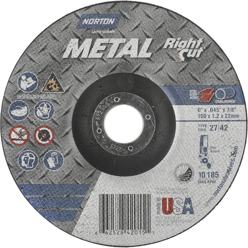 Metal RightCut Right Angle Cut-Off Wheel, 6" x 0.045", 7/8" Arbor, Type 27/42, Aluminum Oxide, 10190 RPM Moffatt Supply & Specialties