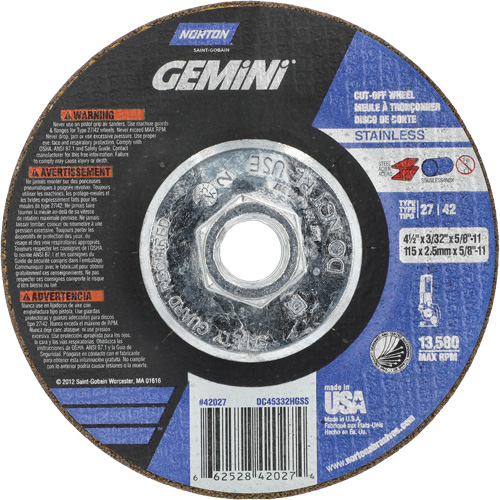 Gemini INOX/SS Right Angle Cut-Off Wheel, 4-1/2" x 3/32", 5/8"-11 Arbor, Type 27/42, Aluminum Oxide, 13580 RPM Moffatt Supply & Specialties
