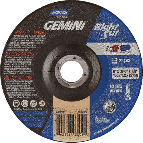 Gemini RightCut Right Angle Cut-Off Wheel, 6" x 0.045", 7/8" Arbor, Type 27/42, Aluminum Oxide, 10185 RPM Moffatt Supply & Specialties