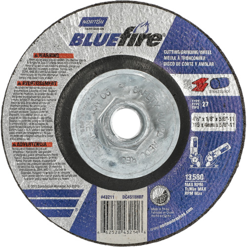 BlueFire Grinding & Cutting Wheel, 4-1/2" x 1/8", 5/8"-11 Arbor, Type 27, Zirconia Alumina Moffatt Supply & Specialties