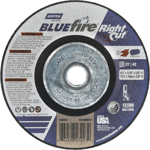 Meule &agrave; tronçonner pour coupe &agrave; angle droit RightCut BlueFire, 4-1/2" x 1/16", Arbre de 5/8"-11, Type 27/42, Oxyde d'aluminium, 13580 Tr/min Moffatt Supply & Specialties