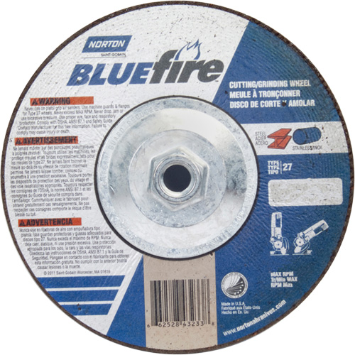 Disque de meulage et tronçonnage BlueFire, 7" x 1/8", Arbre de 5/8"-11, Type 27, Alumine de zirconium Moffatt Supply & Specialties
