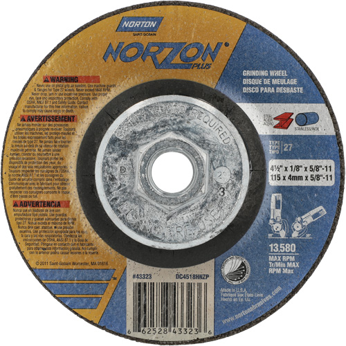NorZon Plus SGZ CA Grinding & Cutting Wheel, 4-1/2" x 1/8", 5/8"-11 Arbor, Type 27, Ceramic Alumina Moffatt Supply & Specialties