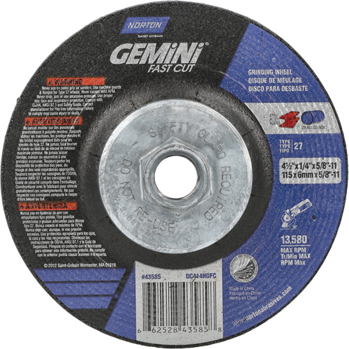 Meule Gemini, 4-1/2" x 1/4", Arbre 5/8"-11, Oxyde d'aluminium, Type 27 Moffatt Supply & Specialties