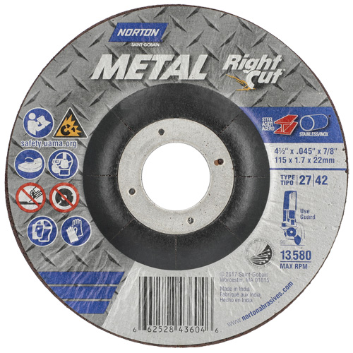 Metal RightCut Right Angle Cut-Off Wheel, 4-1/2" x 0.045", 7/8" Arbor, Type 27, Aluminum Oxide, 13580 RPM Moffatt Supply & Specialties