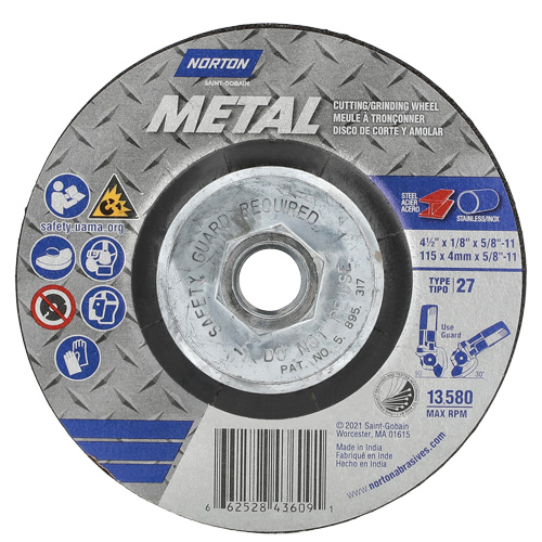 Metal Grinding & Cutting Wheel, 4-1/2" x 1/8", 5/8"-11 Arbor, Type 27, Aluminum Oxide Moffatt Supply & Specialties