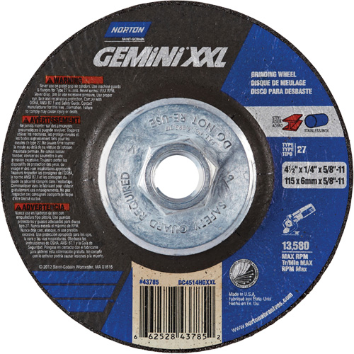 Gemini XXL Grinding Wheel, 4-1/2" x 1/4", 5/8"-11 Arbor, Aluminum Oxide, Type 27 Moffatt Supply & Specialties