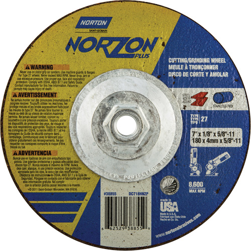 Disque de meulage et tronçonnage NorZon Plus SGZ, 7" x 1/8", Arbre de 5/8"-11, Type 27, C&eacute;ramique d'alumine Moffatt Supply & Specialties
