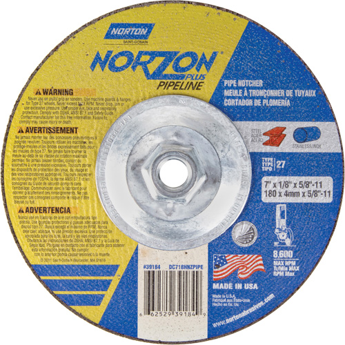 NorZon Plus SGZ Right Angle Cut-Off Wheel, 7" x 1/8", 5/8"-11 Arbor, Type 27/42, Ceramic Alumina, 8600 RPM Moffatt Supply & Specialties