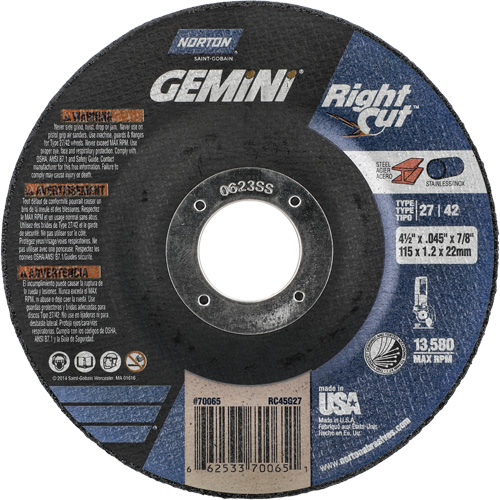 Gemini RightCut Right Angle Cut-Off Wheel, 4-1/2" x 0.045", 7/8" Arbor, Type 27/42, Aluminum Oxide, 13580 RPM Moffatt Supply & Specialties