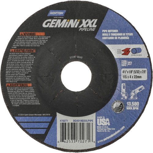 Gemini XXL Grinding & Cutting Wheel, 4-1/2" x 1/8", 7/8" Arbor, Type 27, Aluminum Oxide Moffatt Supply & Specialties