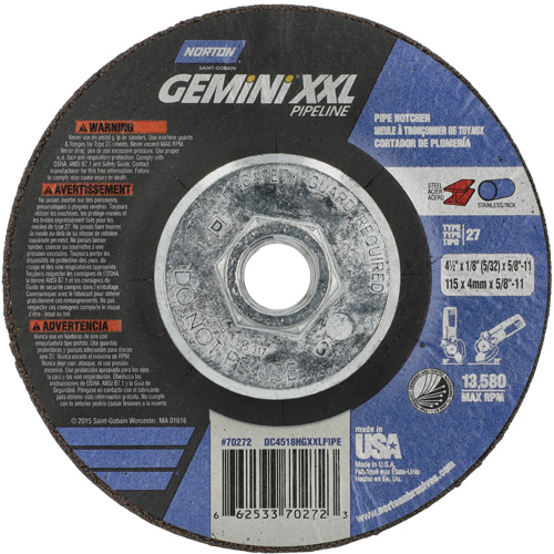 Gemini XXL Grinding & Cutting Wheel, 4-1/2" x 1/8", 5/8"-11 Arbor, Type 27, Aluminum Oxide Moffatt Supply & Specialties