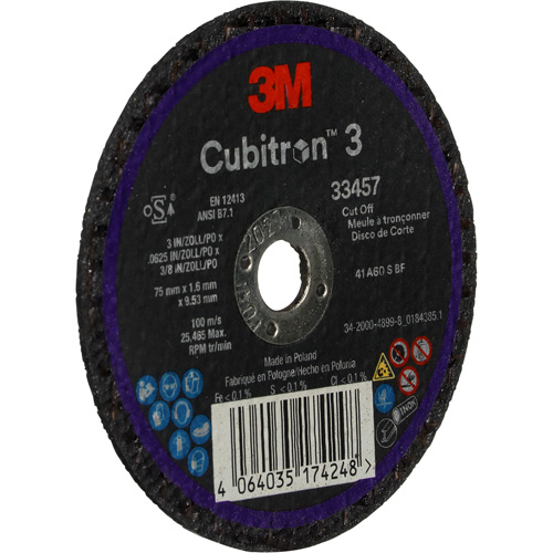 Meule &agrave; tronçonner Cubitron 3, 3" x 0,063", Arbre de 3/8", C&eacute;ramique Moffatt Supply & Specialties