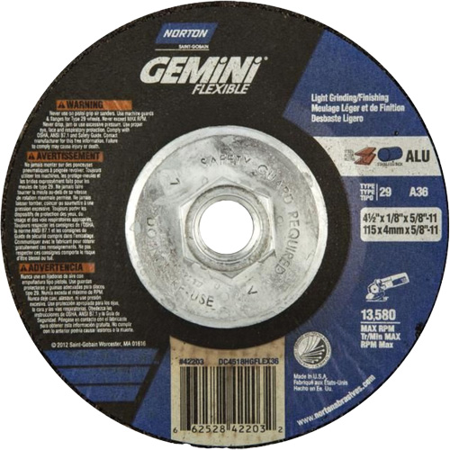 Gemini Flexible A AO Grinding and Cutting Wheel, 4-1/2" x 1/8", 5/8"-11 Arbor, Type 29, Aluminum Oxide, 13580 RPM Moffatt Supply & Specialties
