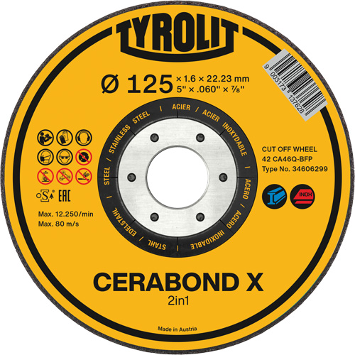 CERABOND X Cut-Off Wheel for Steel & Stainless Steel, 4-1/2" x 0.6", 7/8" Arbor, Type 1, Ceramic, 12250 RPM Moffatt Supply & Specialties