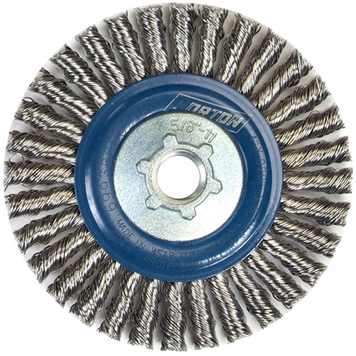 Brosse &agrave; fils nou&eacute;s pour cordons de soudure pour meuleuse angulaire, Dia. 4", Fils 0,02", Arbre 5/8"-11, Acier inoxydable Moffatt Supply & Specialties