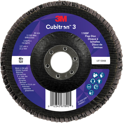 Disque &agrave; lamelles plate 1169F Cubitron 3, 5" x 7/8", Type T27, Grain 40+, C&eacute;ramique Moffatt Supply & Specialties