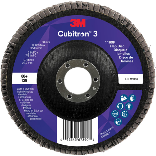 Disque &agrave; lamelles conique 1169F Cubitron 3, 5" x 7/8", Type T29, Grain 60+, C&eacute;ramique Moffatt Supply & Specialties