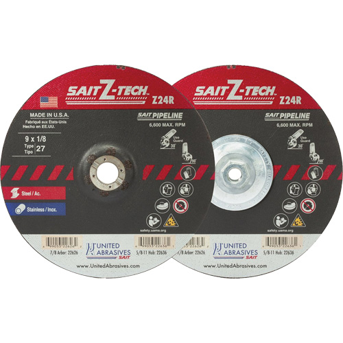 Meule haute performance pour pipelines Sait Z-Tech, 6" x 1/8", Arbre 5/8"-11, Zirconium, Type 27 Moffatt Supply & Specialties