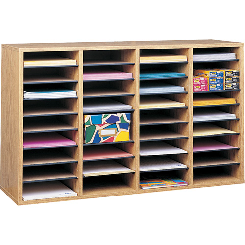 Adjustable Compartment Literature Organizer, Stationary, 36 Slots, Wood, 39-1/4" W x 11-3/4" D x 24" H Moffatt Supply & Specialties