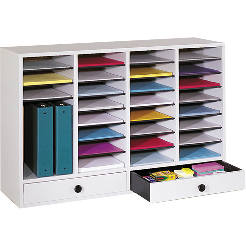 Adjustable Compartment Literature Organizer, Stationary, 34 Slots, Wood, 39-1/4" W x 11-3/4" D x 25-1/4" H Moffatt Supply & Specialties