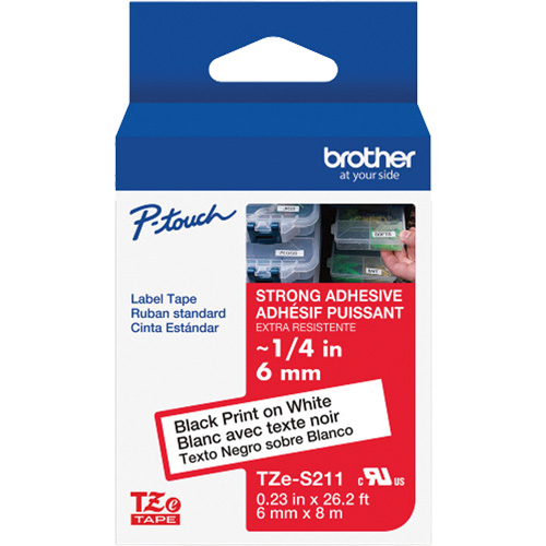 Extra-Strength Laminated Tape for P-Touch Label Makers, 6 mm x 8 m, Black on White Moffatt Supply & Specialties